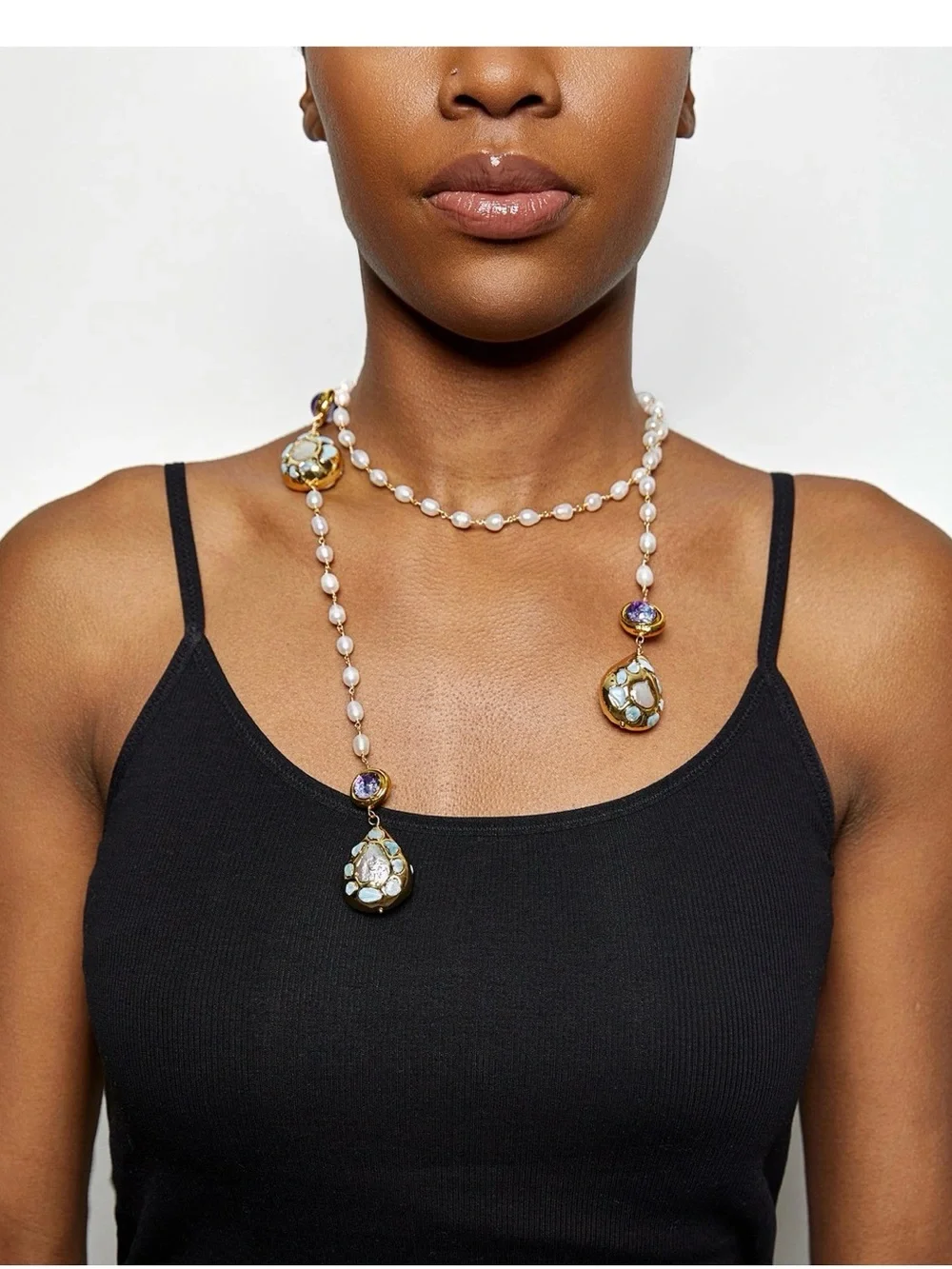 Stella Luce Gold Pearl and Violet Crystal Lariat Necklace